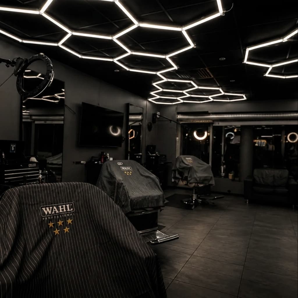 The 4KFADEZ barbershop interior, chair, mirrors and lights